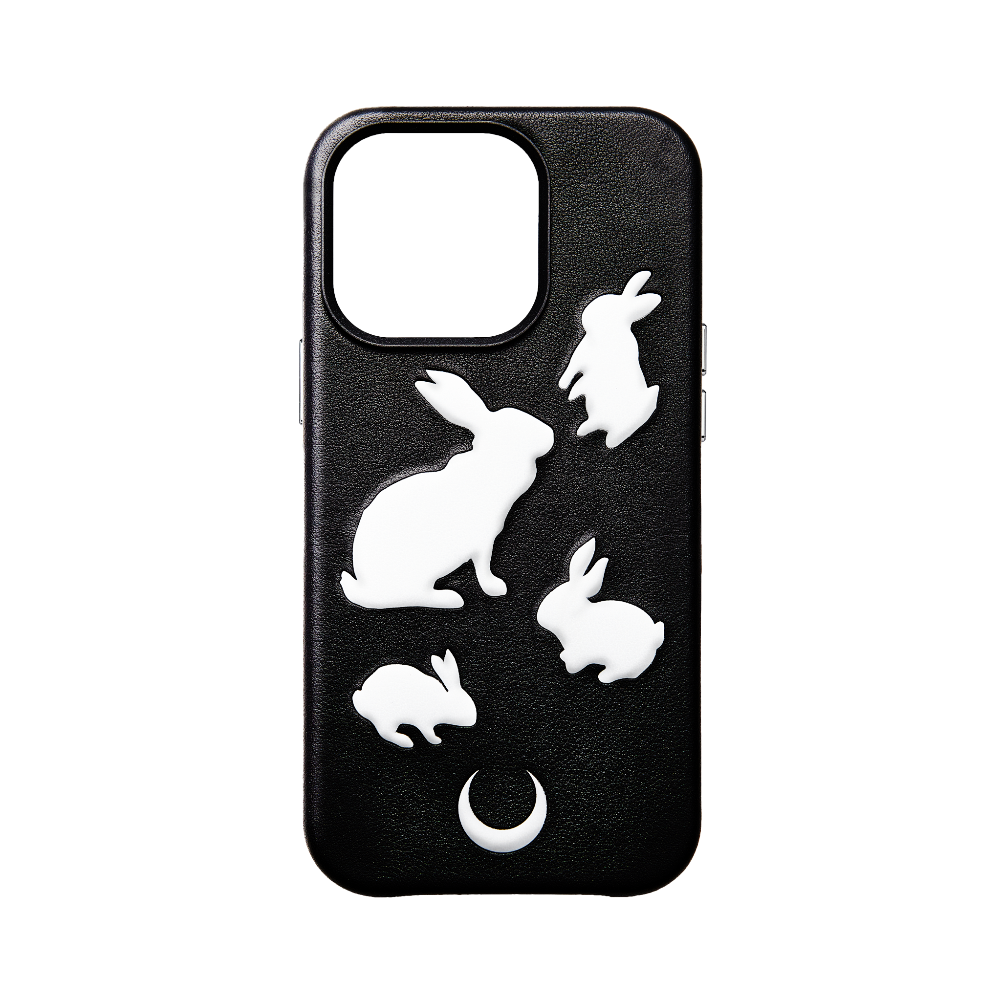 RABBIT EMBOSSED BLACK LEATHER IPHONE CASE