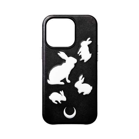 RABBIT EMBOSSED BLACK LEATHER IPHONE CASE