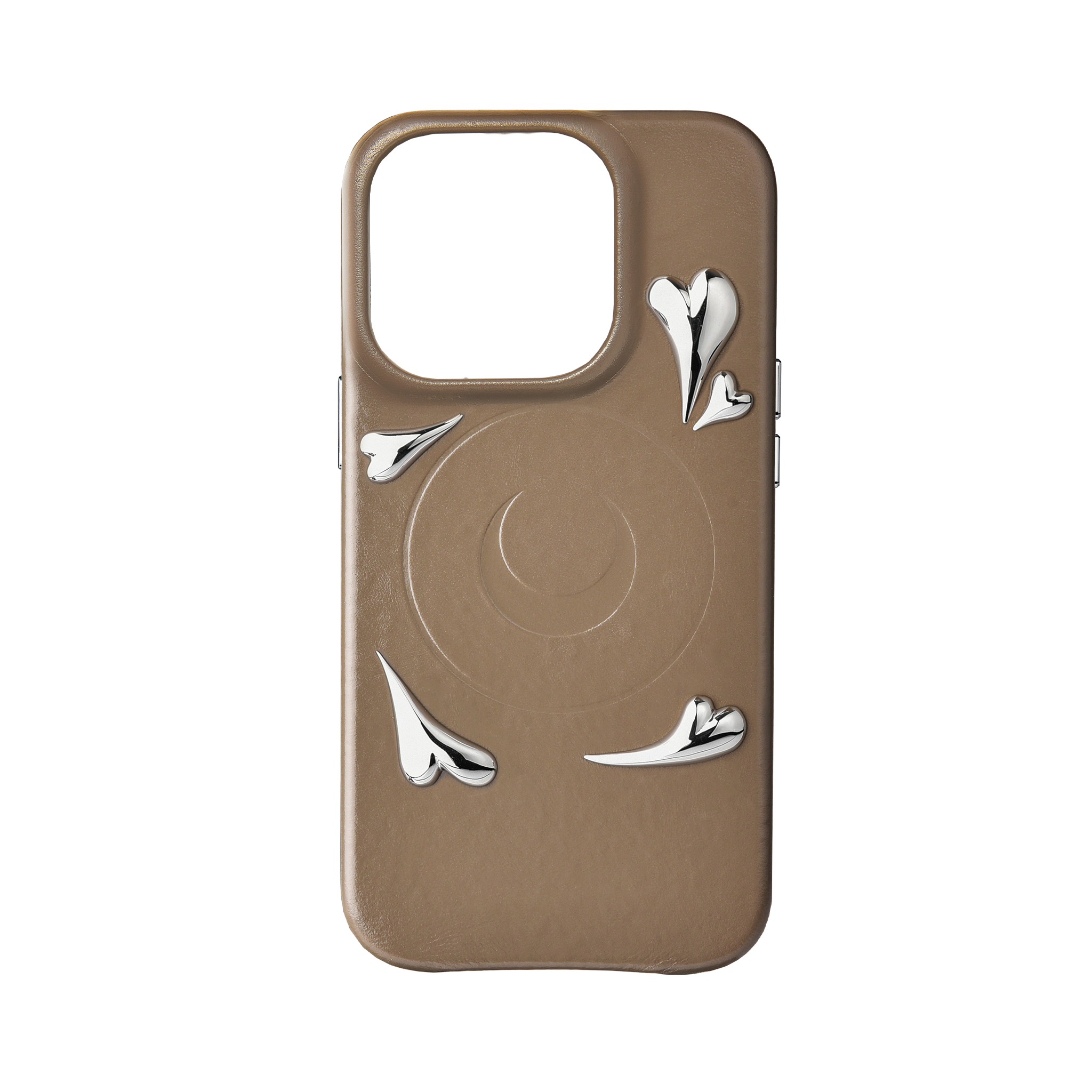HEART STUDS BROWN LEATHER IPHONE 15 PRO CASE