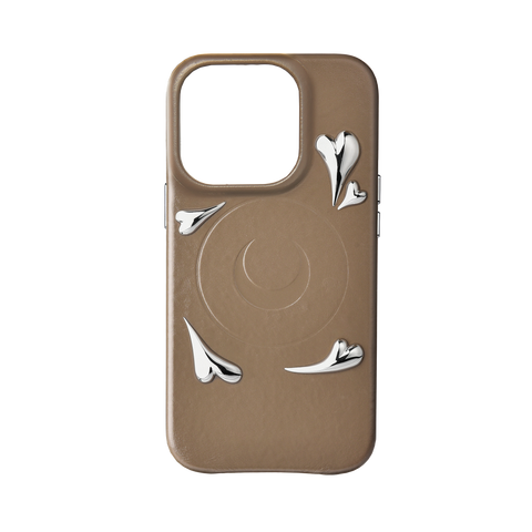 HEART STUDS BROWN LEATHER IPHONE 15 PRO CASE